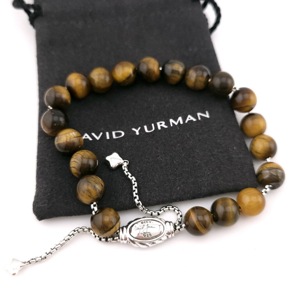 David Yurman Sterling Silver 8mm Tiger's Eye Spiritual Bead Beaded Pull Bracelet
